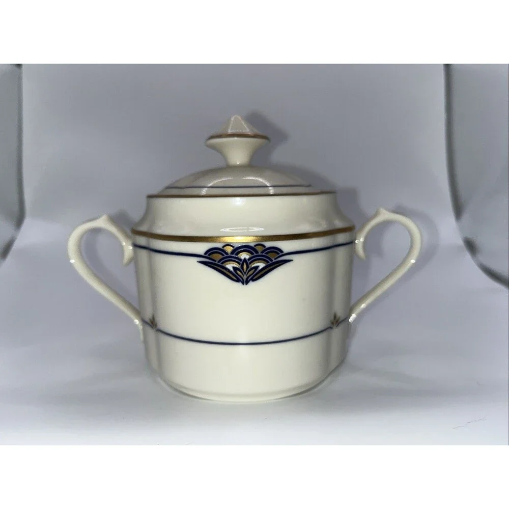 Florentine Lapis by GORHAM Sugar Bowl With Lid And Creamer Set Small Chip